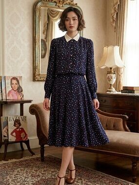 Vintage Kimijima made in Japan Navy Long Sleeve Polka Dot Midi Dress